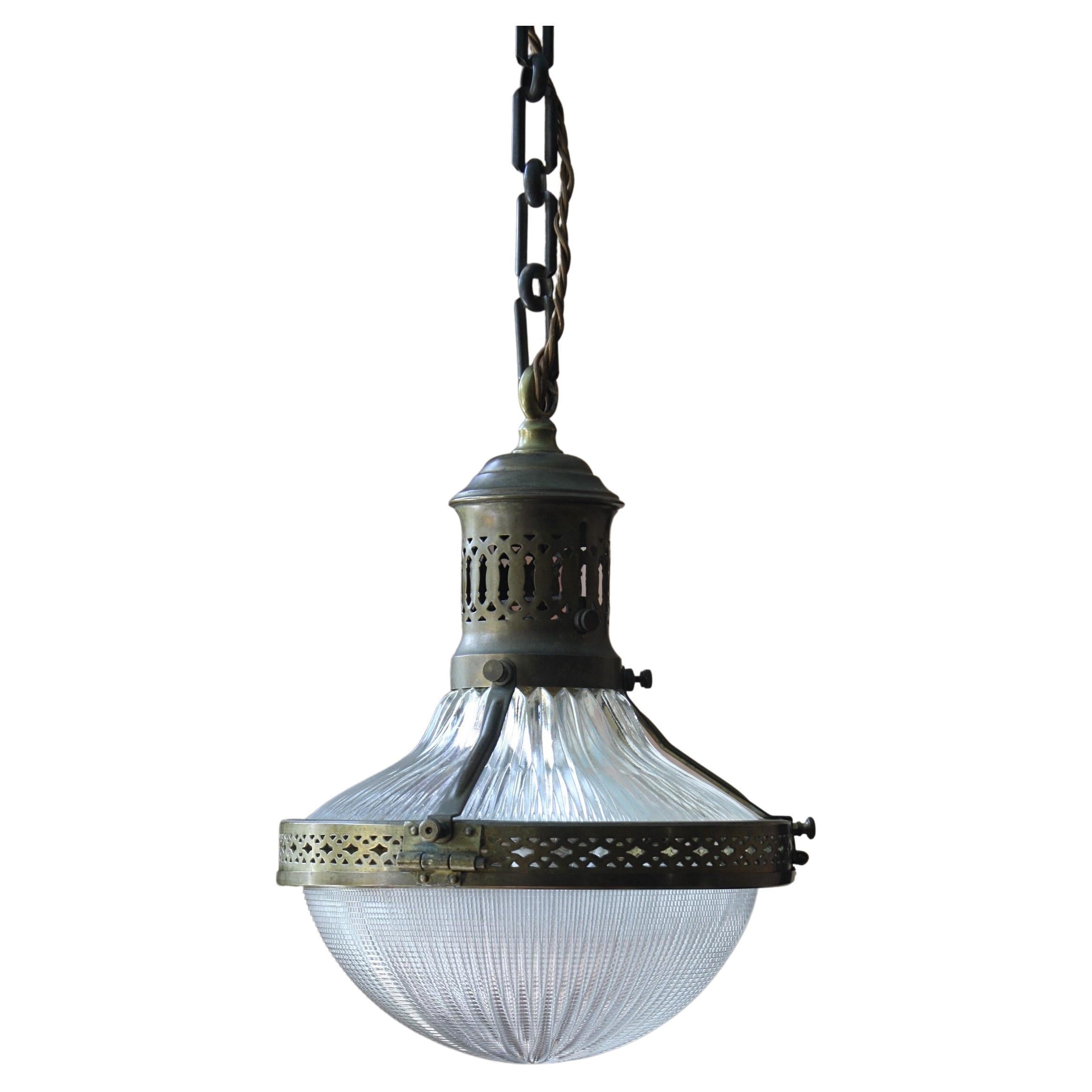 Early 20th Century French Caged Brass & Glass Holophane Lantern Light Pendant 