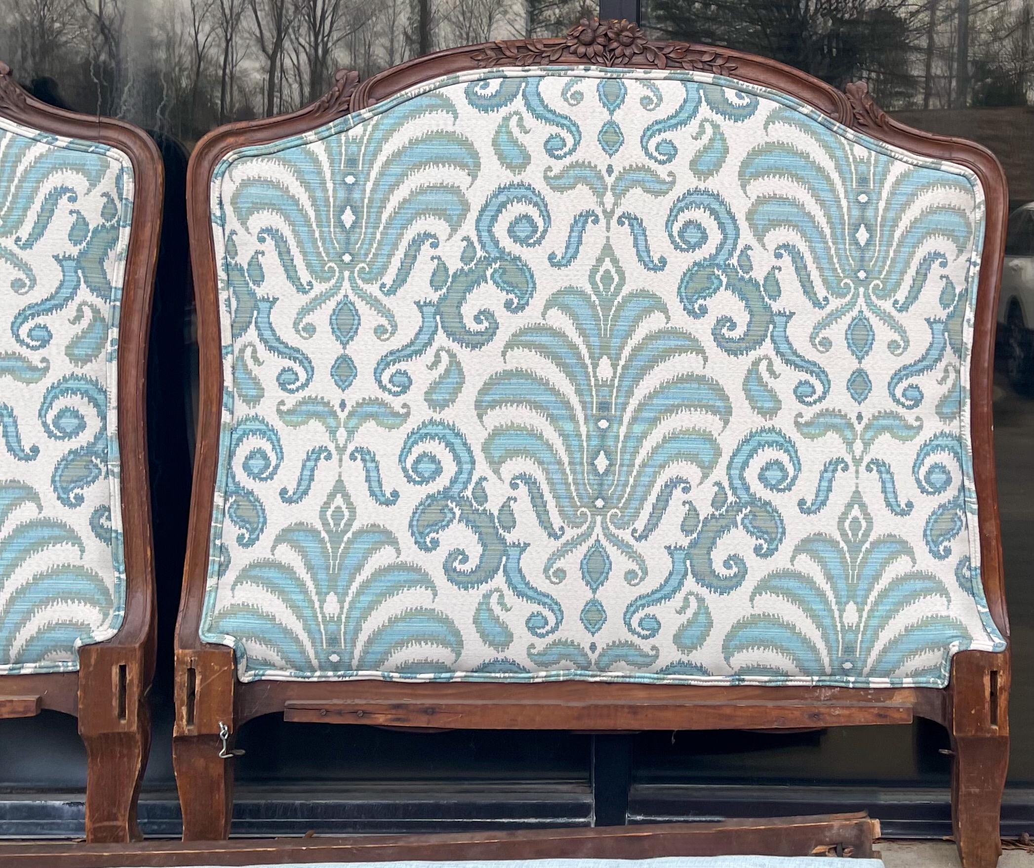 20th Century Early 20th-C. French Carved Oak Daybed or Twin Headboards in Turquoise