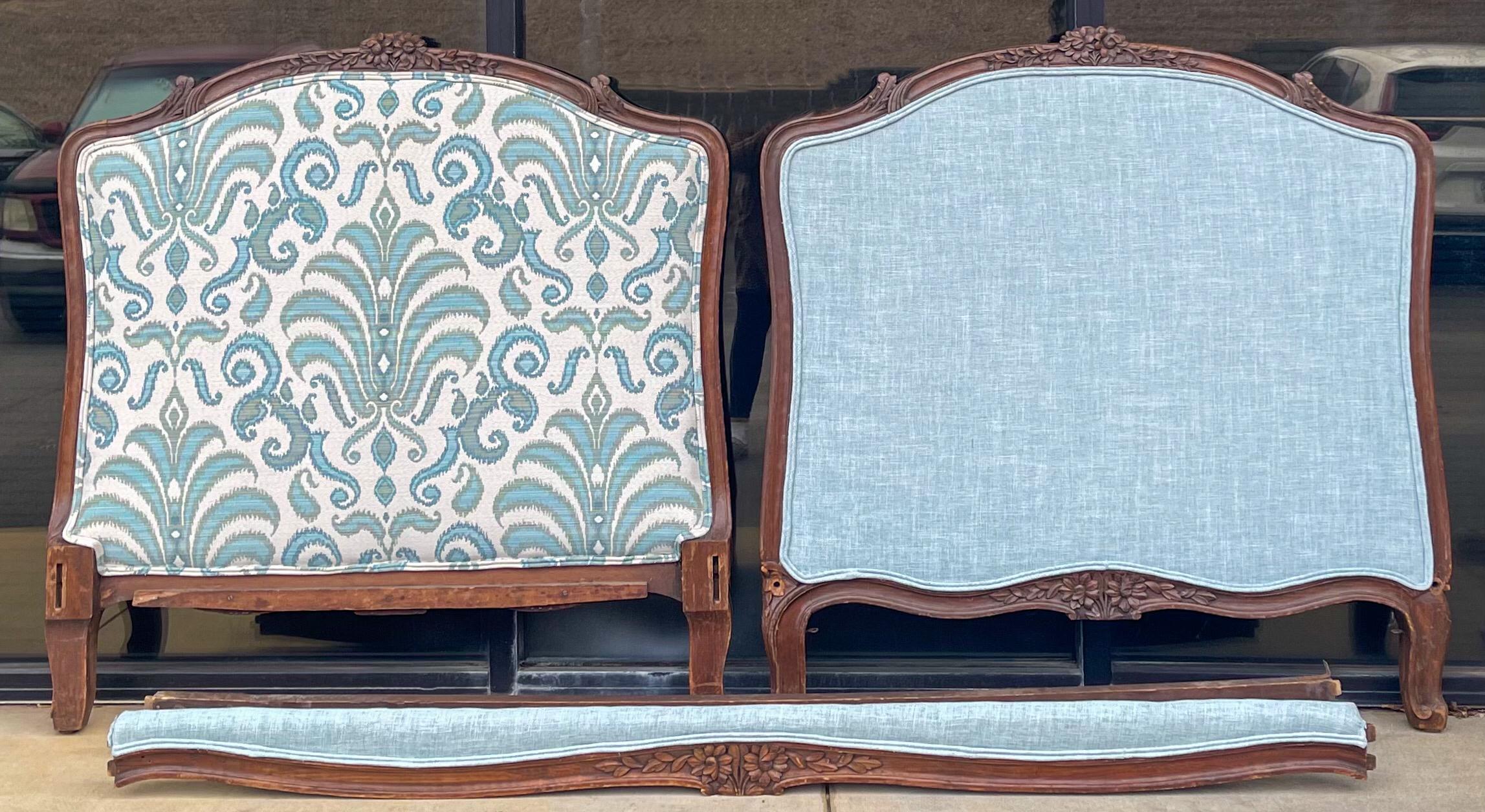 Upholstery Early 20th-C. French Carved Oak Daybed or Twin Headboards in Turquoise