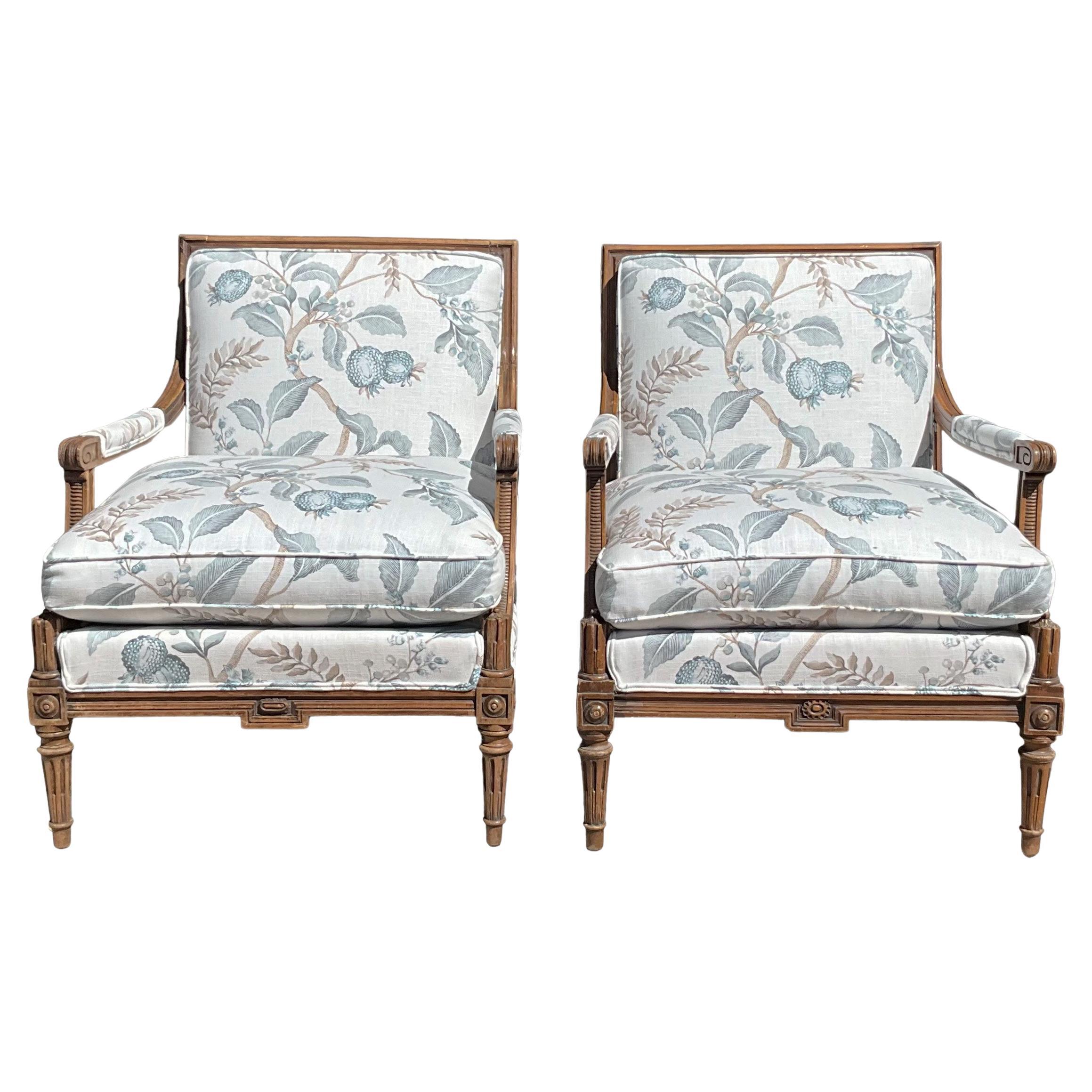 Early 20th-C. French Carved Walnut Bergere Chairs In New Floral Linen -Pair