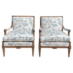 Vintage Early 20th-C. French Carved Walnut Bergere Chairs In New Floral Linen -Pair