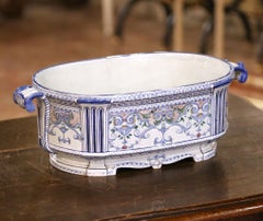 Early 20th C. French Desvres Faience Jardinière with Mask Handles and Scrollwork