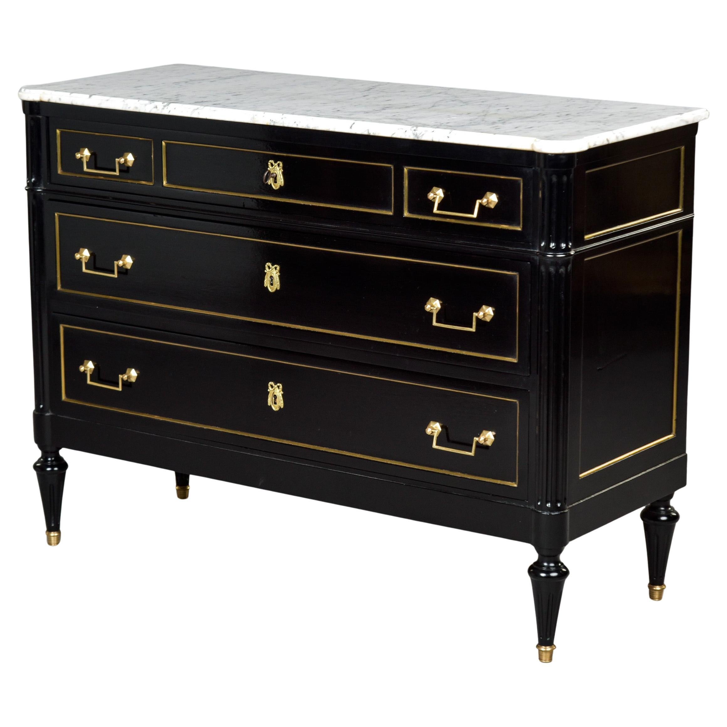 Early 20th C French Ebonised Marble Top Commode