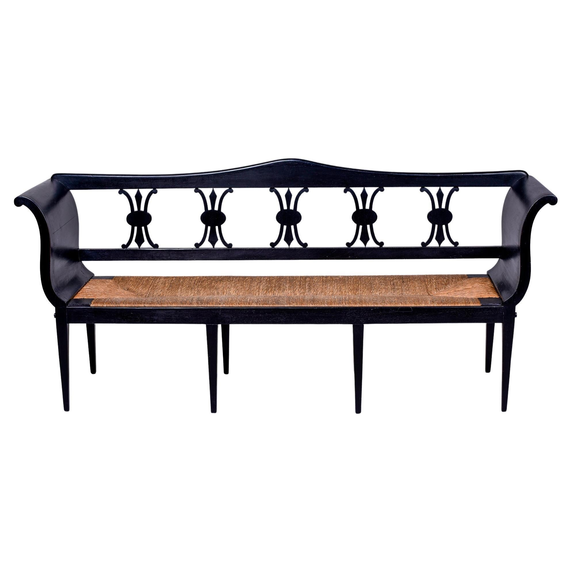 Early 20th C. French Ebonised Settee with Rush Seat