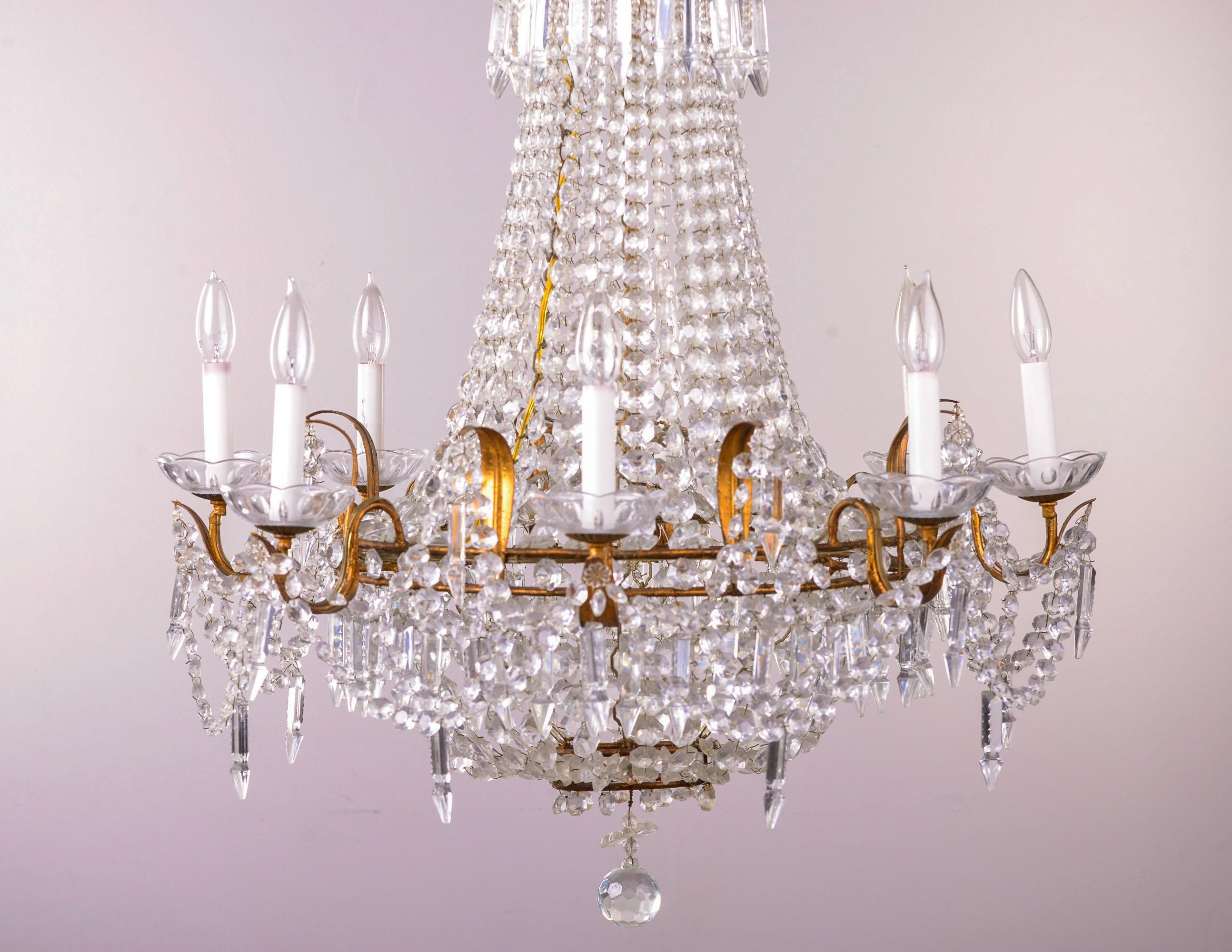 20th Century Early 20th C French Empire Style Eight Light Crystal Chandelier