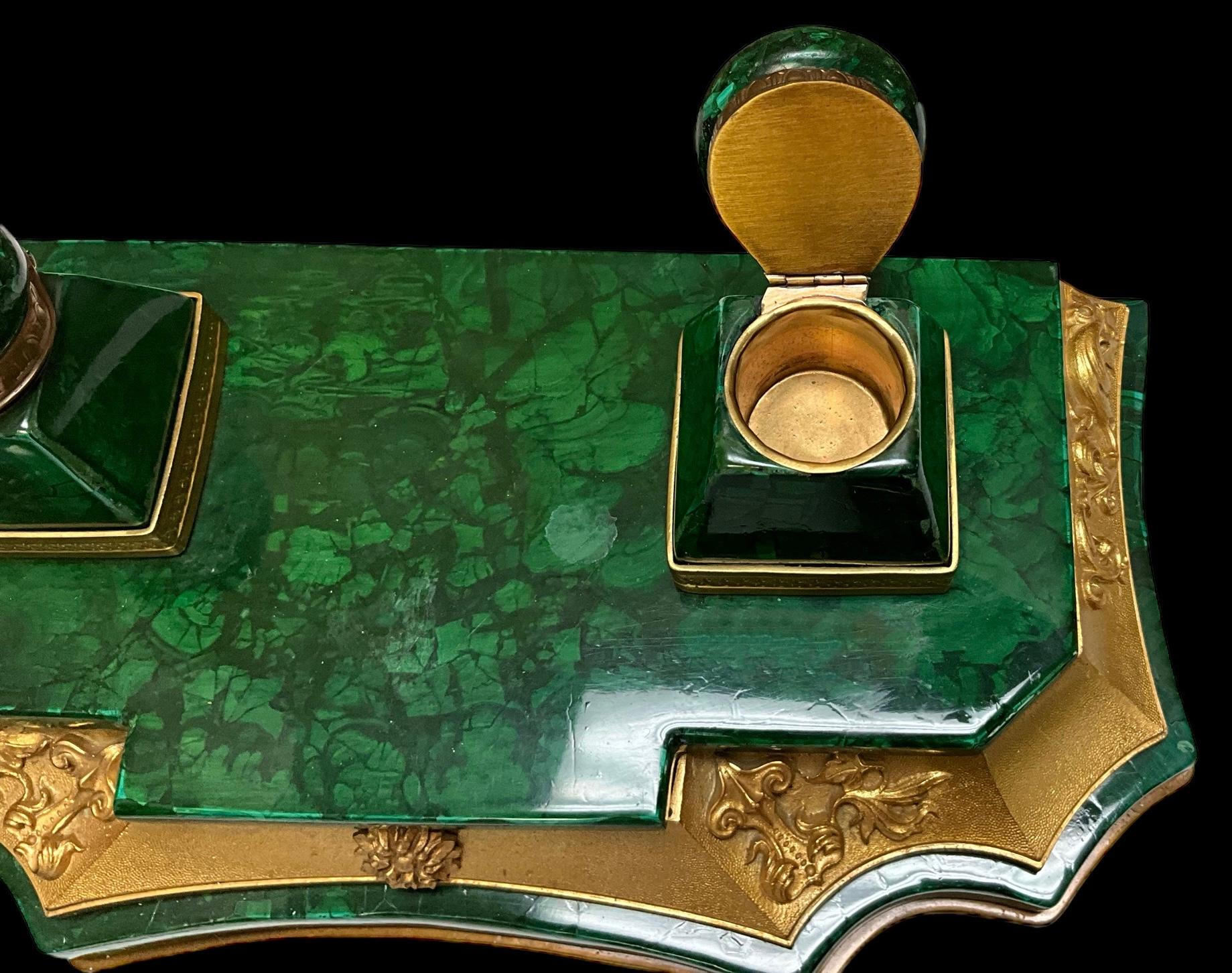 Louis XVI Early 20th-C. French Gilt Bronze And Malachite Desk Pen Inkwell / Inkstand  For Sale