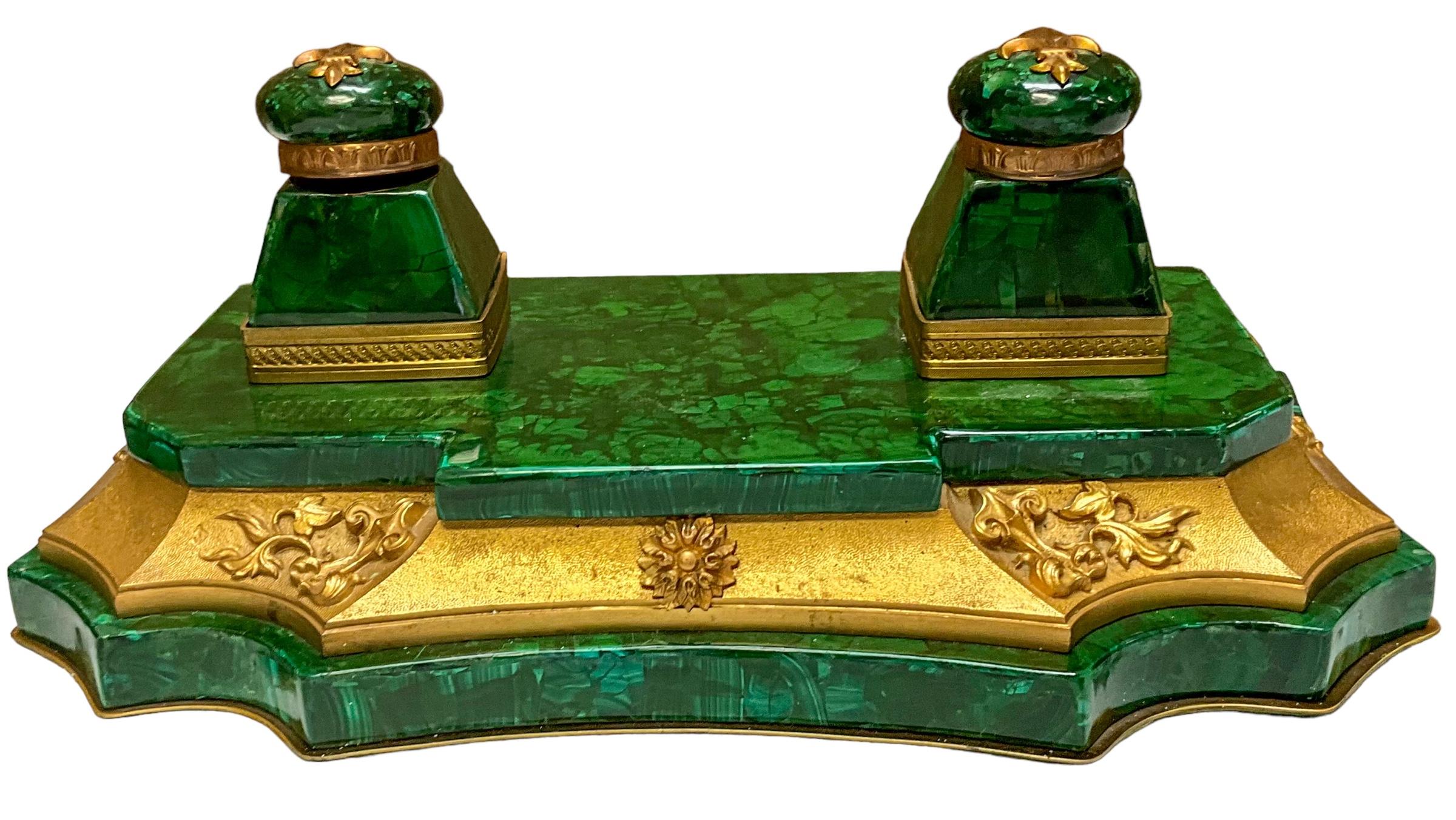 Early 20th-C. French Gilt Bronze And Malachite Desk Pen Inkwell / Inkstand  In Good Condition For Sale In Kennesaw, GA