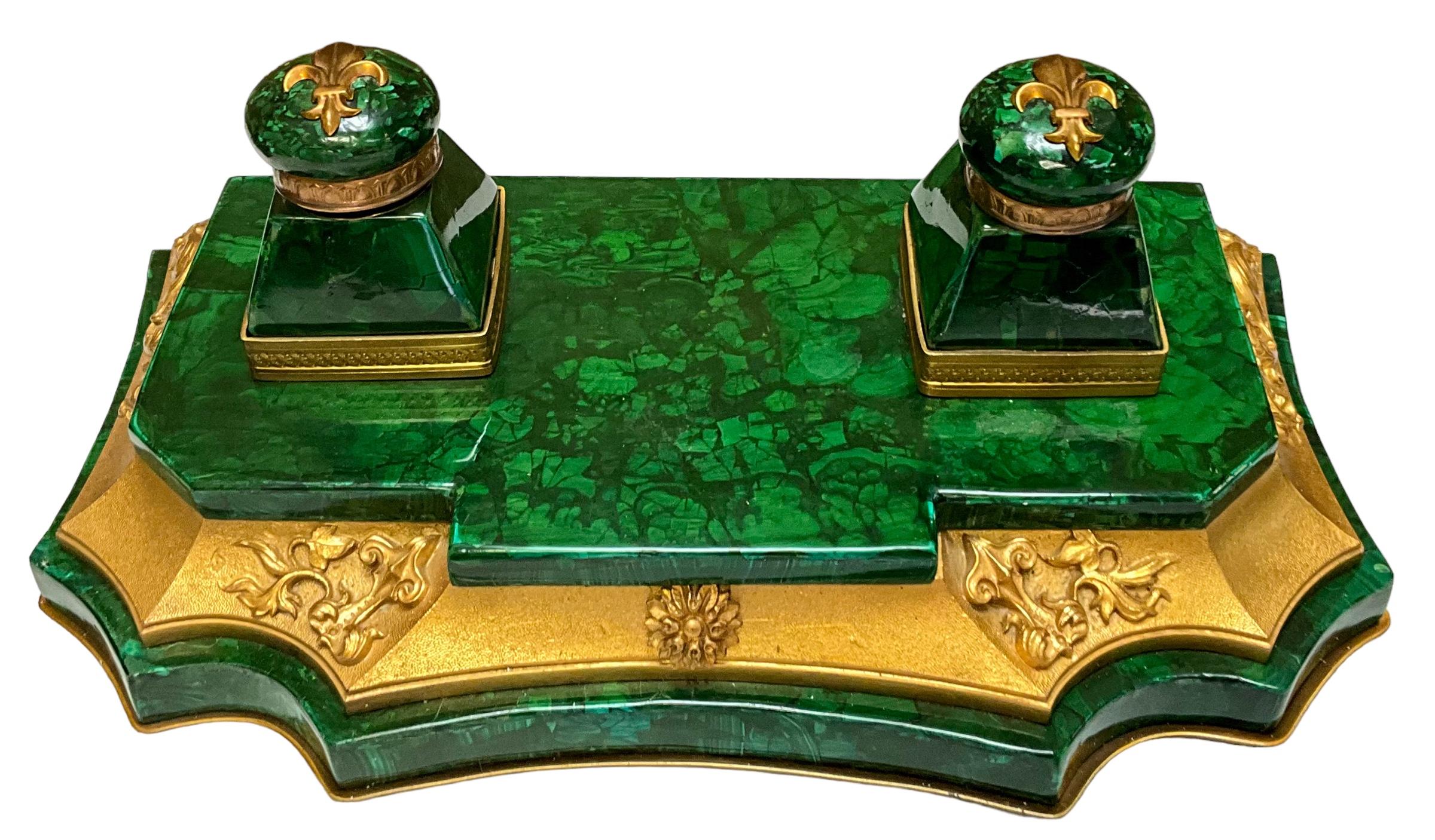 20th Century Early 20th-C. French Gilt Bronze And Malachite Desk Pen Inkwell / Inkstand  For Sale