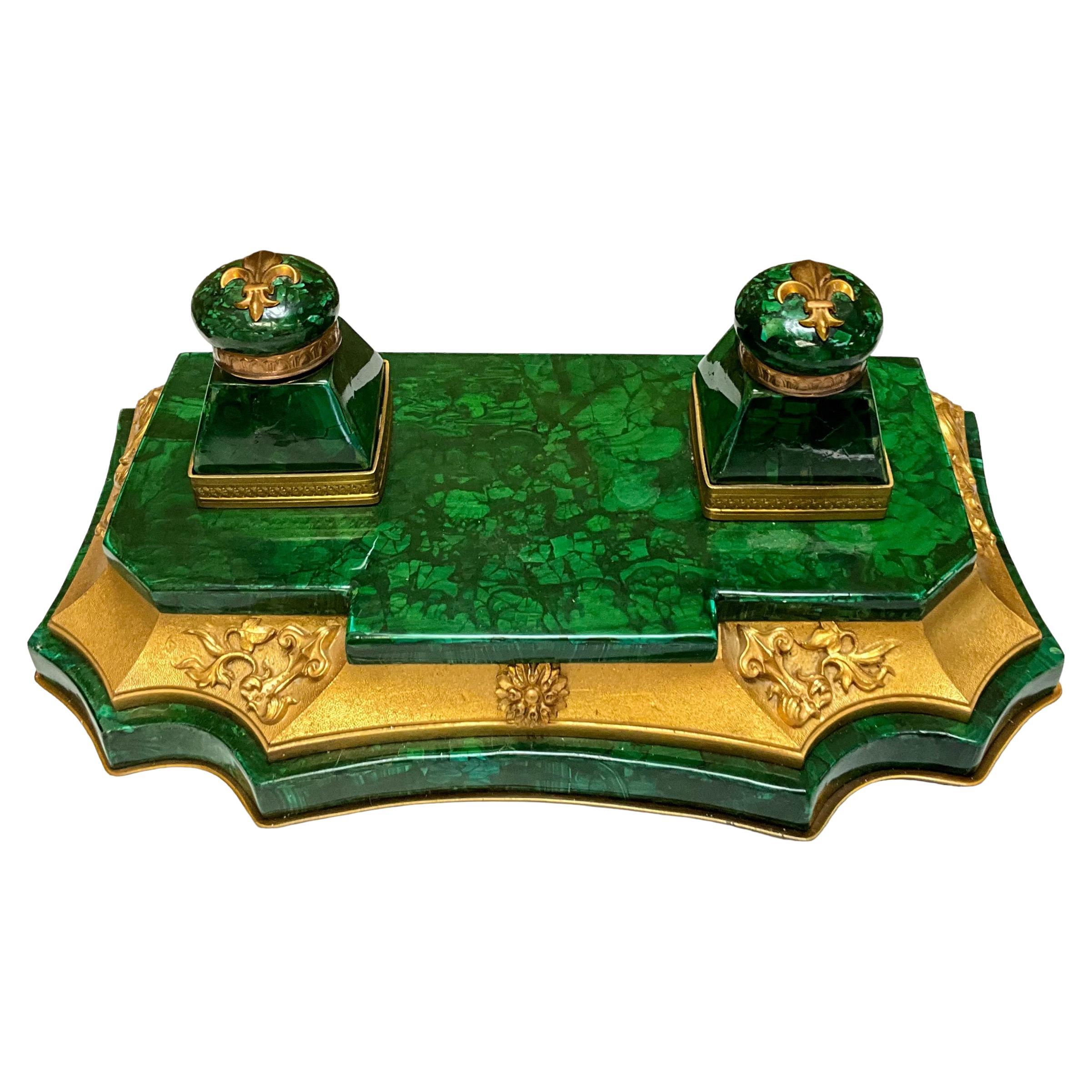 Early 20th-C. French Gilt Bronze And Malachite Desk Pen Inkwell / Inkstand  For Sale