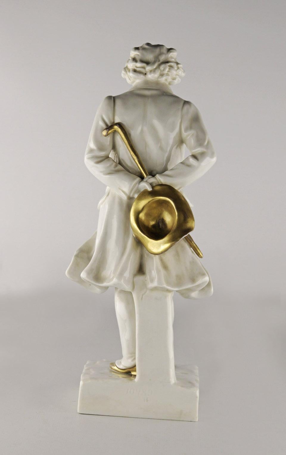 Pressed Early 20th C. French Glazed and Gilt Porcelain Beethoven Sculpture with Base