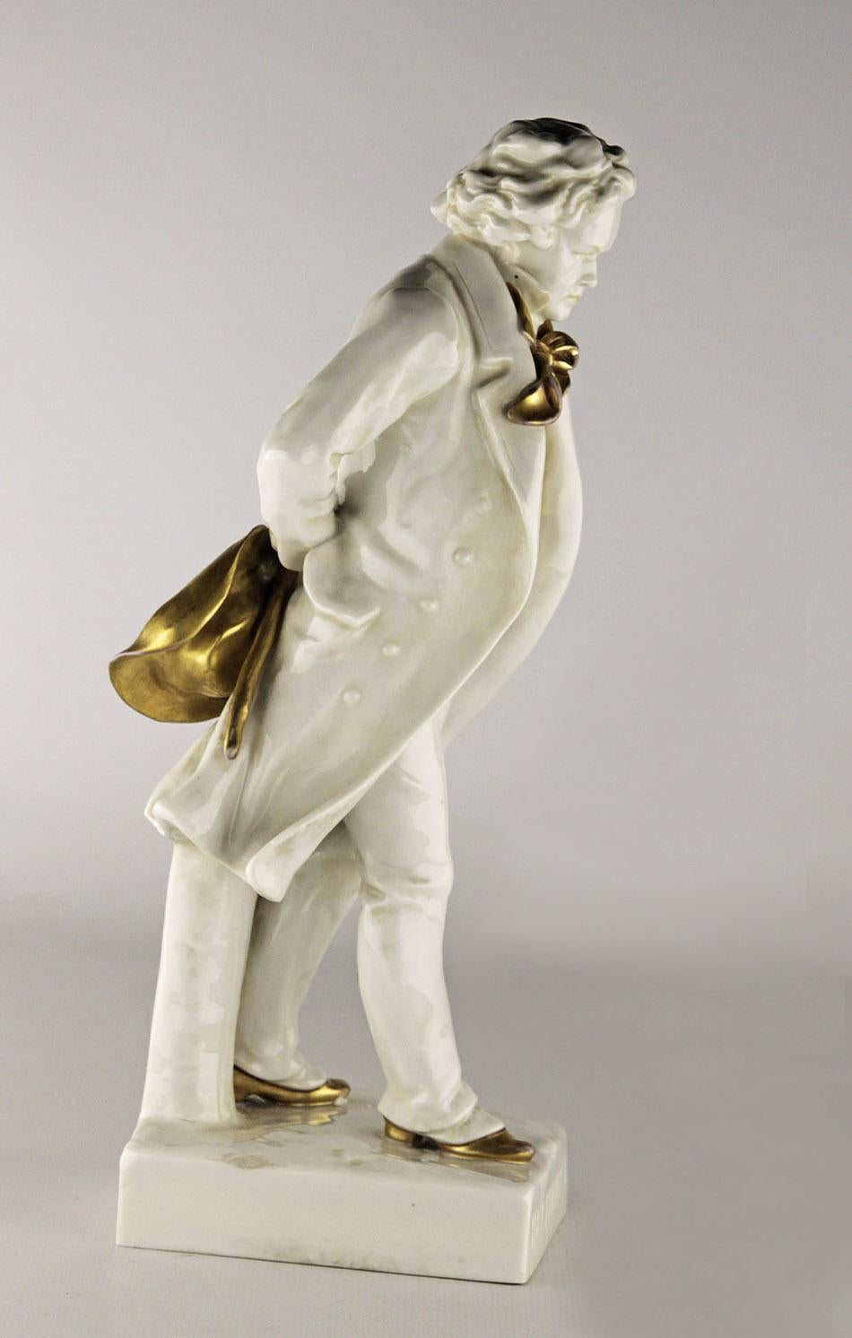 Early 20th C. French Glazed and Gilt Porcelain Beethoven Sculpture with Base In Good Condition In North Miami, FL