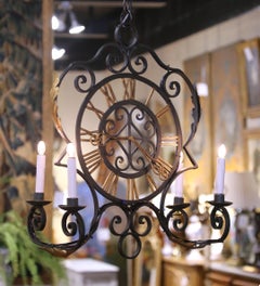 Early 20th C. French Green Painted and Gilt Wrought Iron Clock Face Chandelier