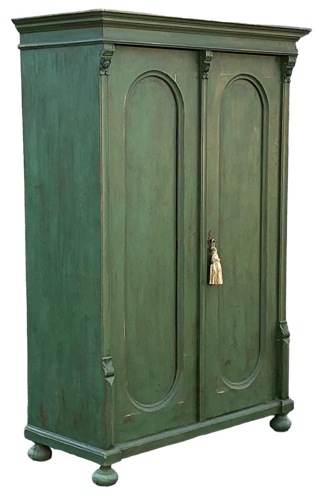 Rustic Early 20th-C. French Green Painted & Carved Pine Armoire / Linen Press / Storage