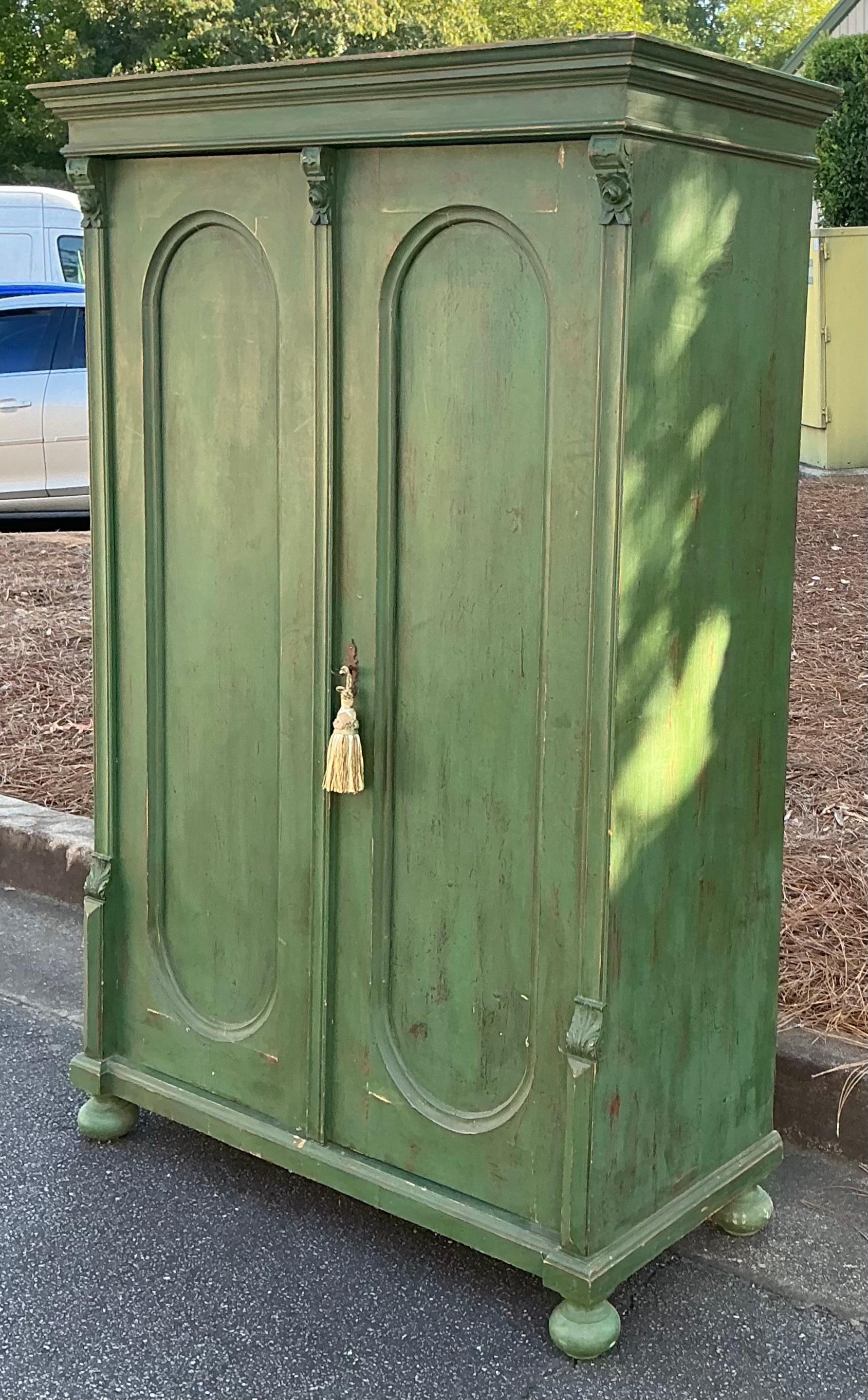 Early 20th-C. French Green Painted & Carved Pine Armoire / Linen Press / Storage In Good Condition In Kennesaw, GA