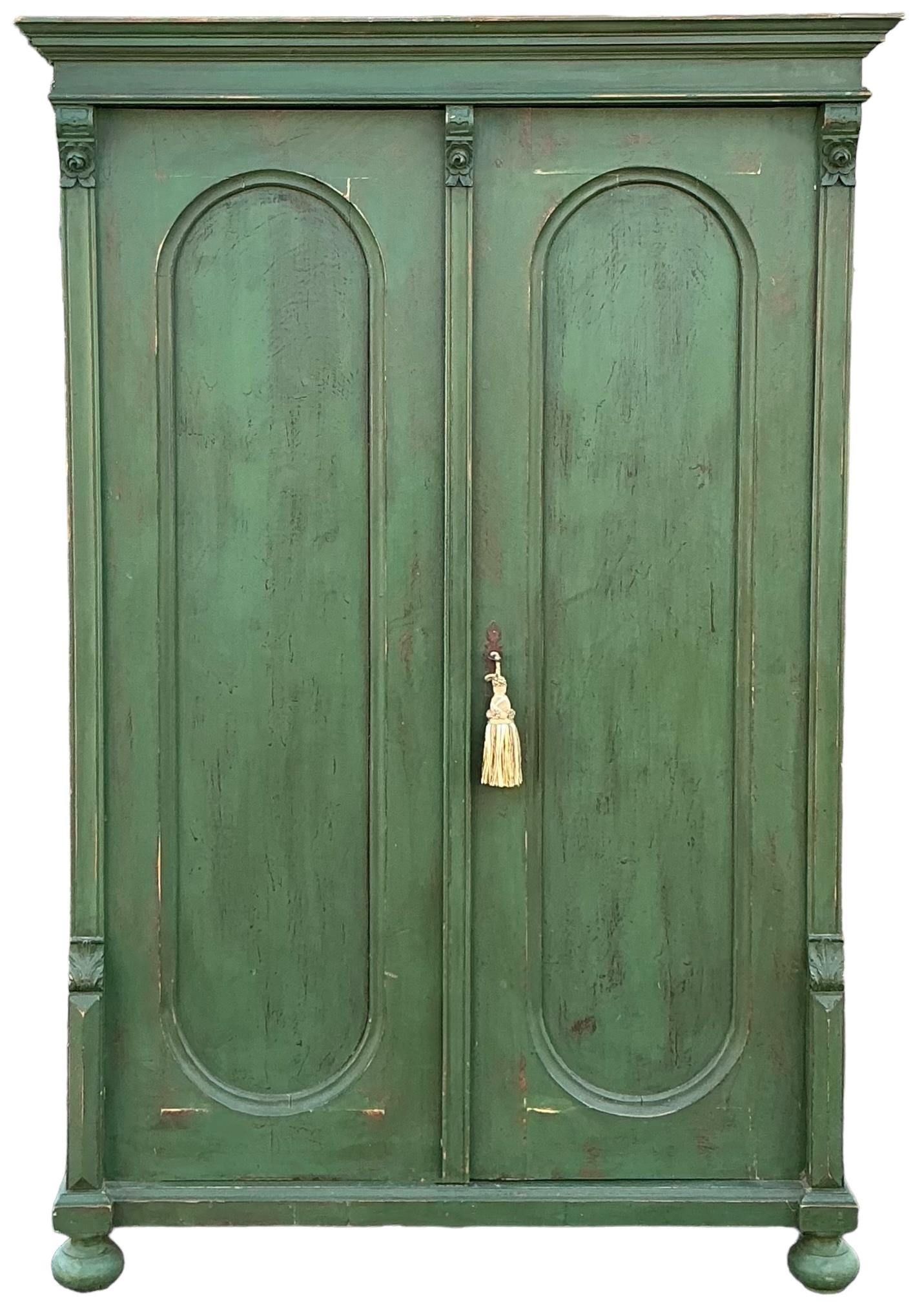 Early 20th-C. French Green Painted & Carved Pine Armoire / Linen Press / Storage 2