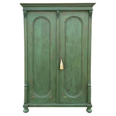 Early 20th-C. French Green Painted & Carved Pine Armoire / Linen Press / Storage