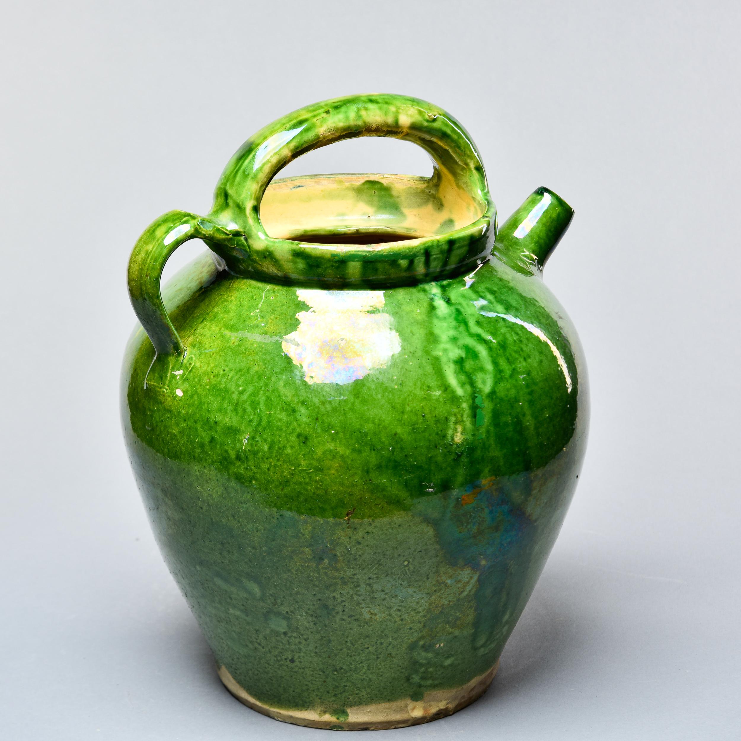 Glazed Early 20th C French Green Pot with Handle and Spout