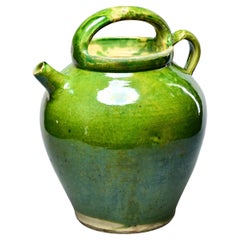  Early 20th C French Green Pot with Handle and Spout