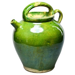 Early 20th C French Green Pot with Handle and Spout