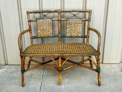 Early 20th-C. French Green Woven Wicker / Bamboo / Rattan Settee