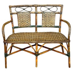 Antique Early 20th-C. French Green Woven Wicker / Bamboo / Rattan Settee