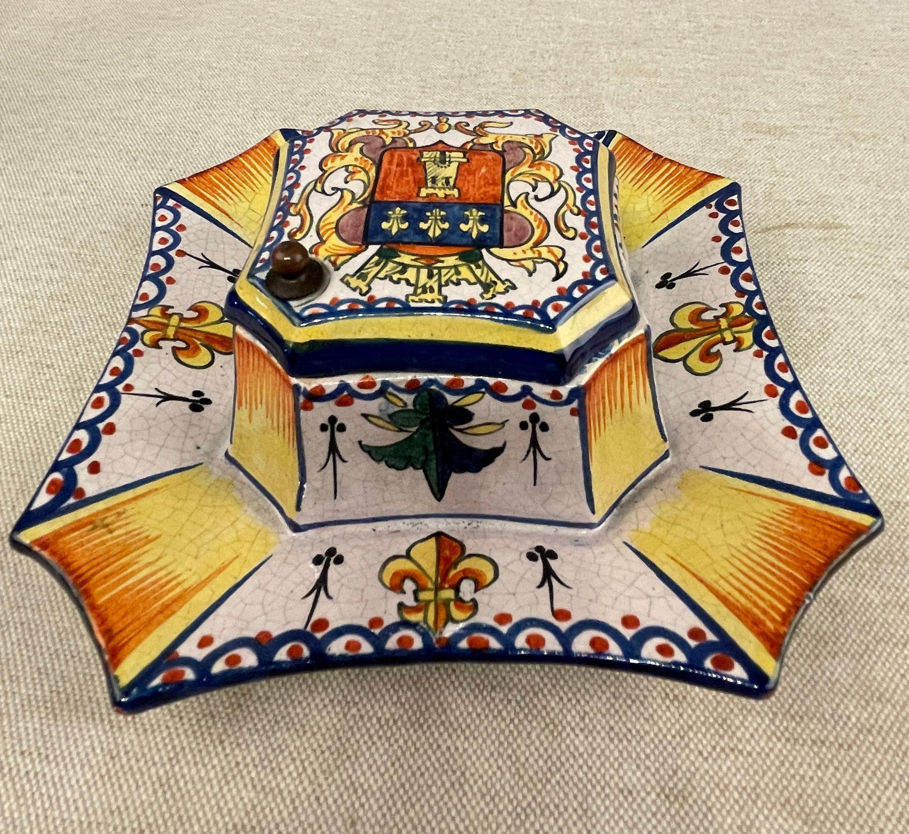Late 19th c.  French Hand Painted Faience Inkwell, signed Alice Chaumeil For Sale 3