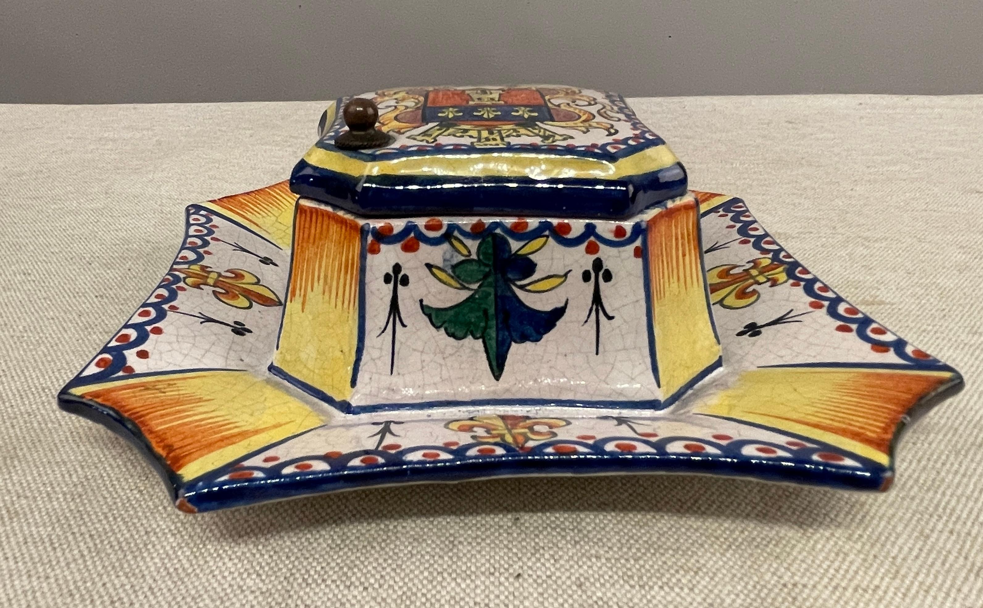Late 19th c.  French Hand Painted Faience Inkwell, signed Alice Chaumeil For Sale 4