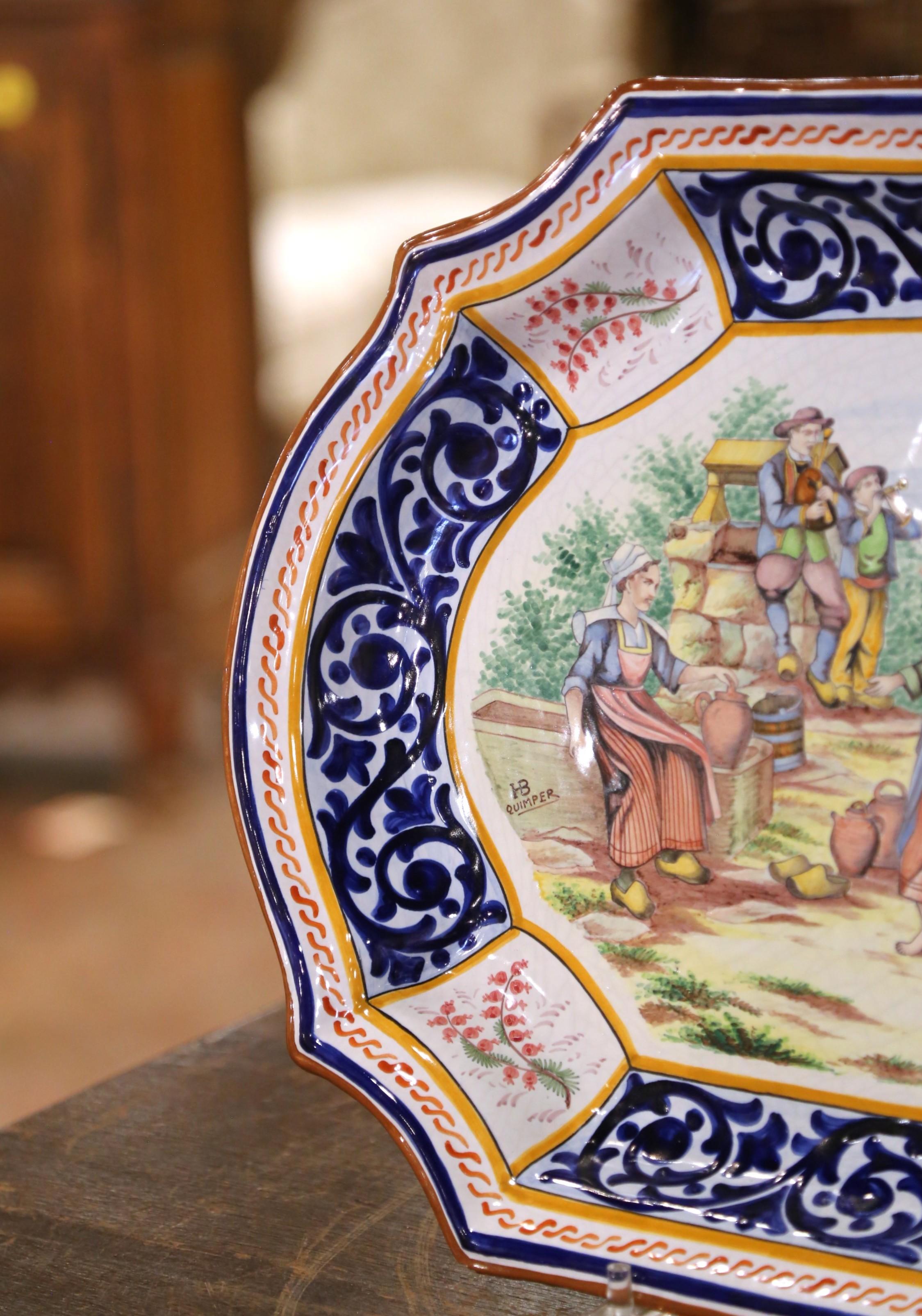 Early 20th C. French HB Quimper Faience Platter with Breton Fountain Scene In Excellent Condition For Sale In Dallas, TX