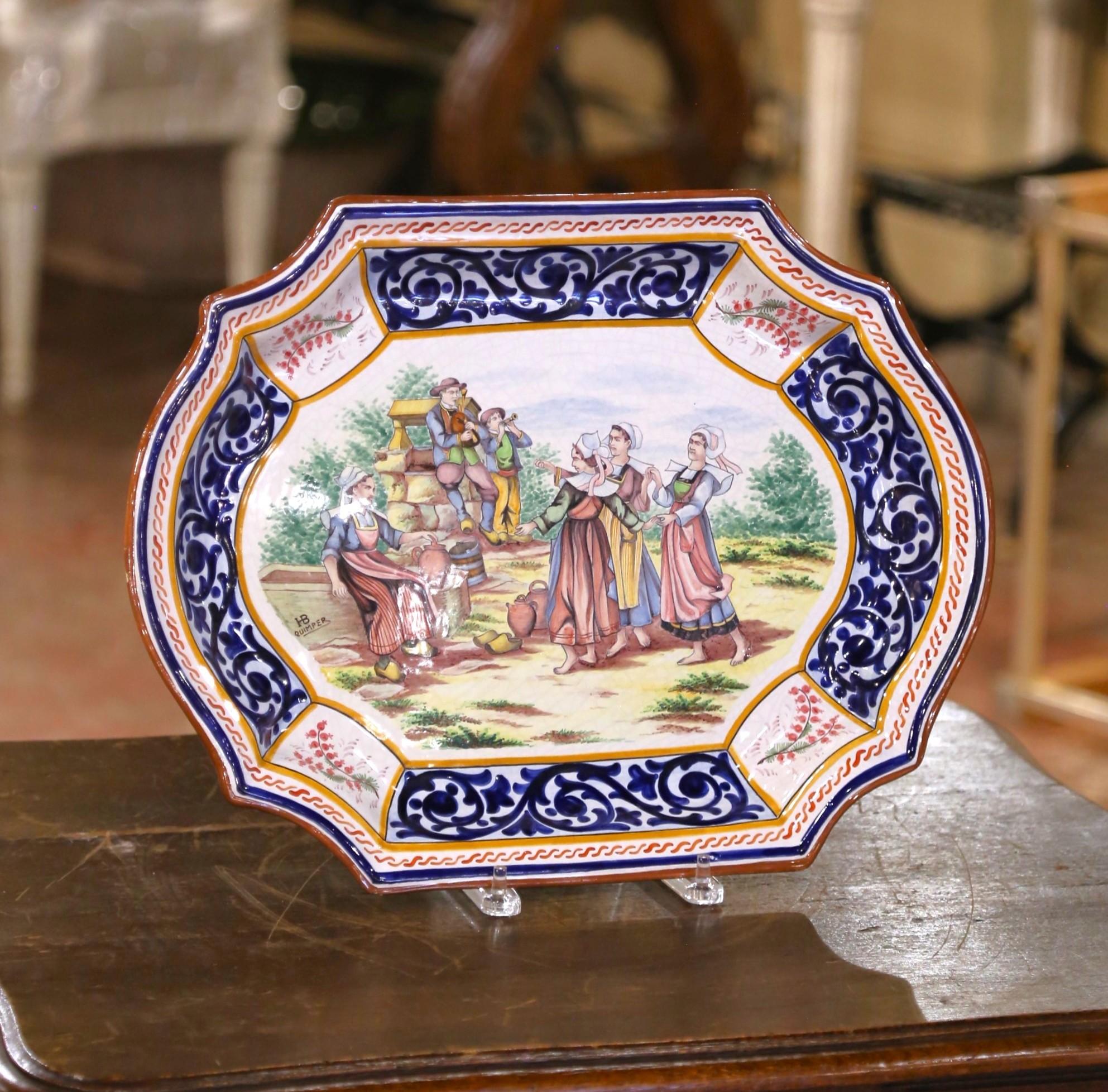 20th Century Early 20th C. French HB Quimper Faience Platter with Breton Fountain Scene For Sale