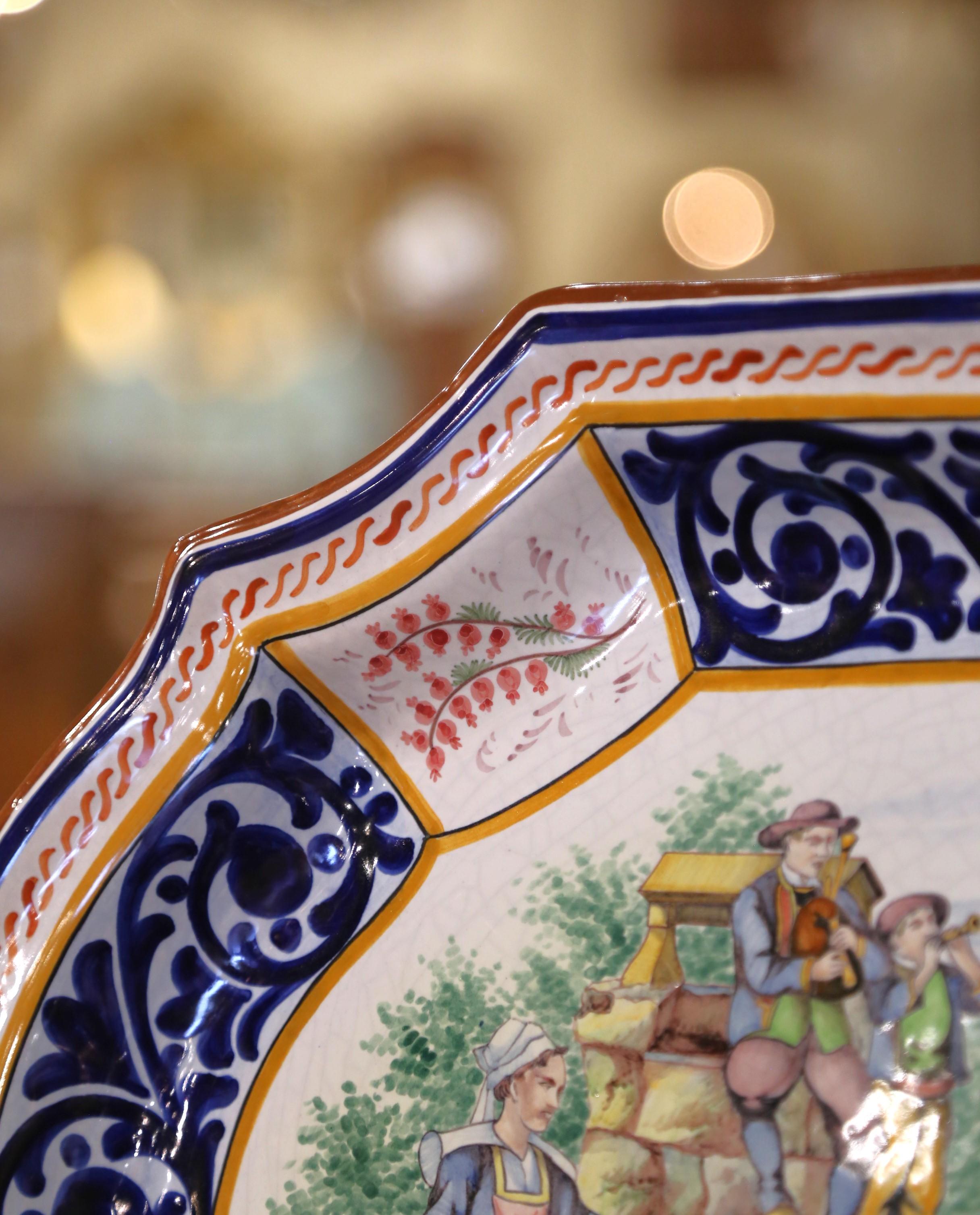 Early 20th C. French HB Quimper Faience Platter with Breton Fountain Scene For Sale 1
