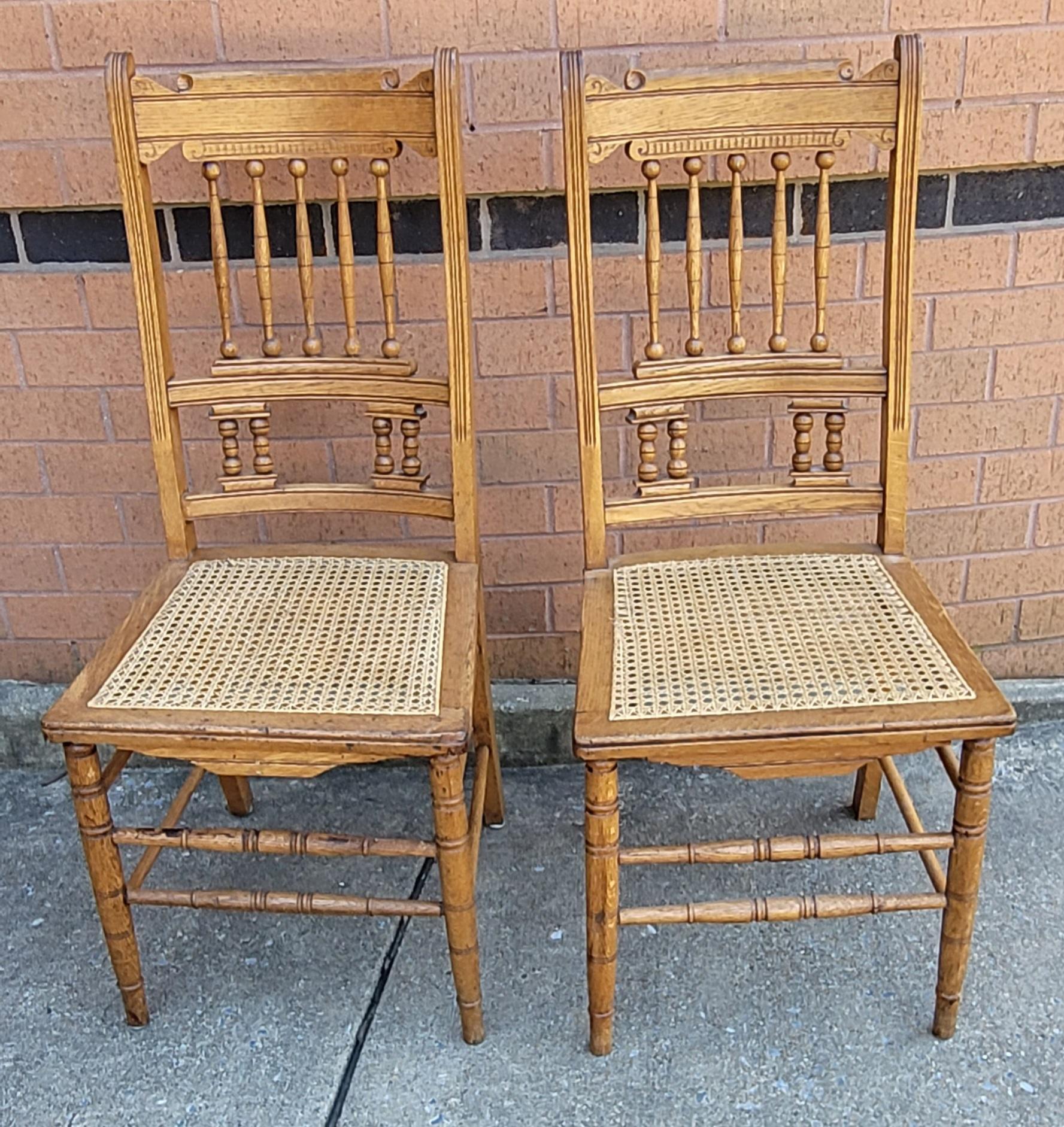 American Early 20th C. French Henry II Oak and Canned Seat Side Chairs, a Pair For Sale