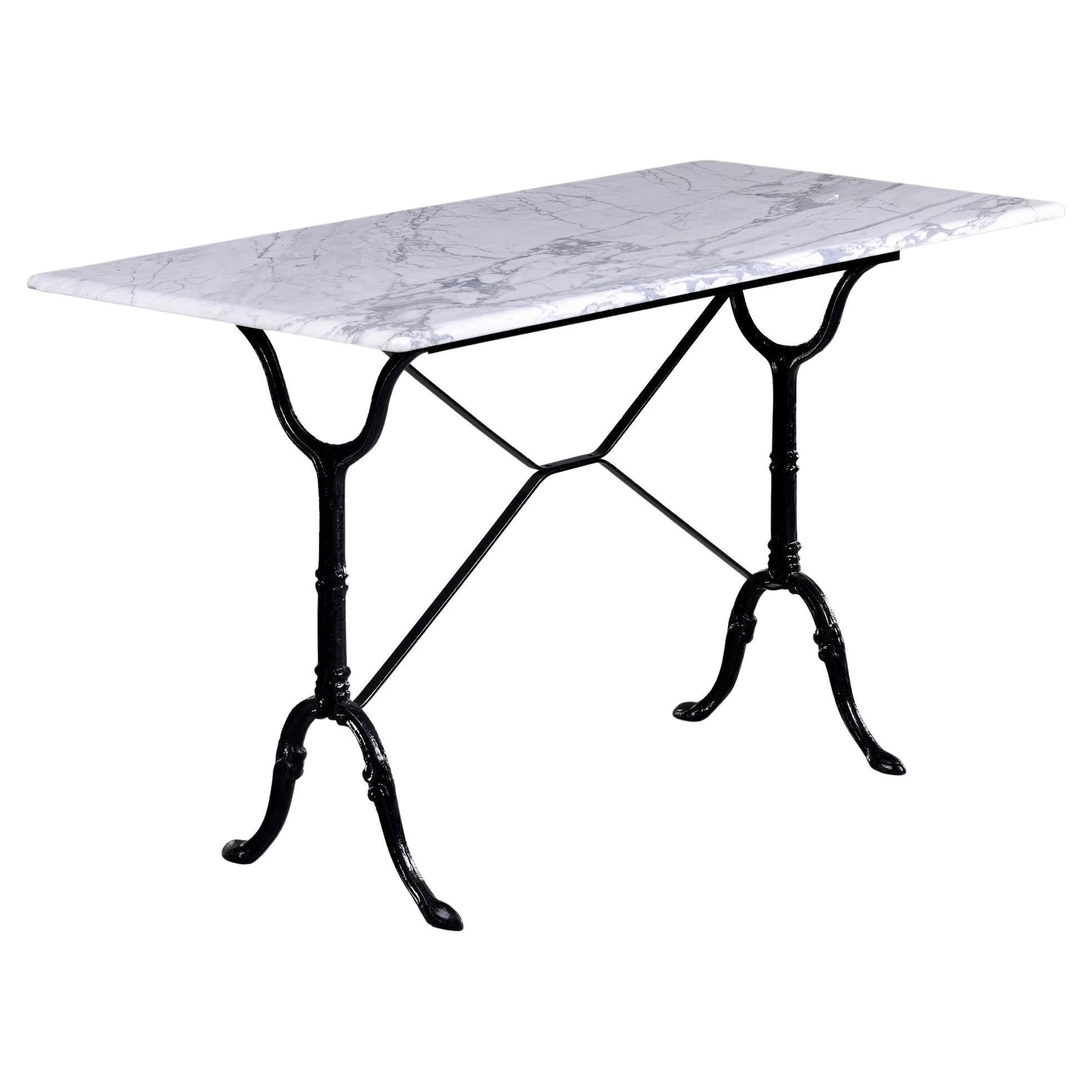 Early 20th C French Iron Base Bistro Table with Rectangular Carrara Marble Top