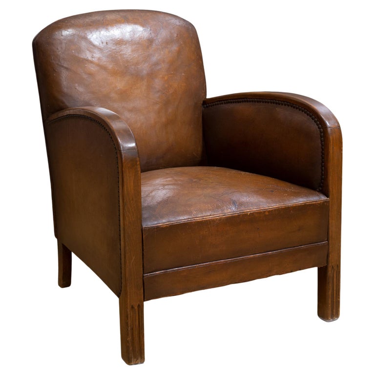 Early 20th C French Library Club Chair, Leather Library Club Chairs