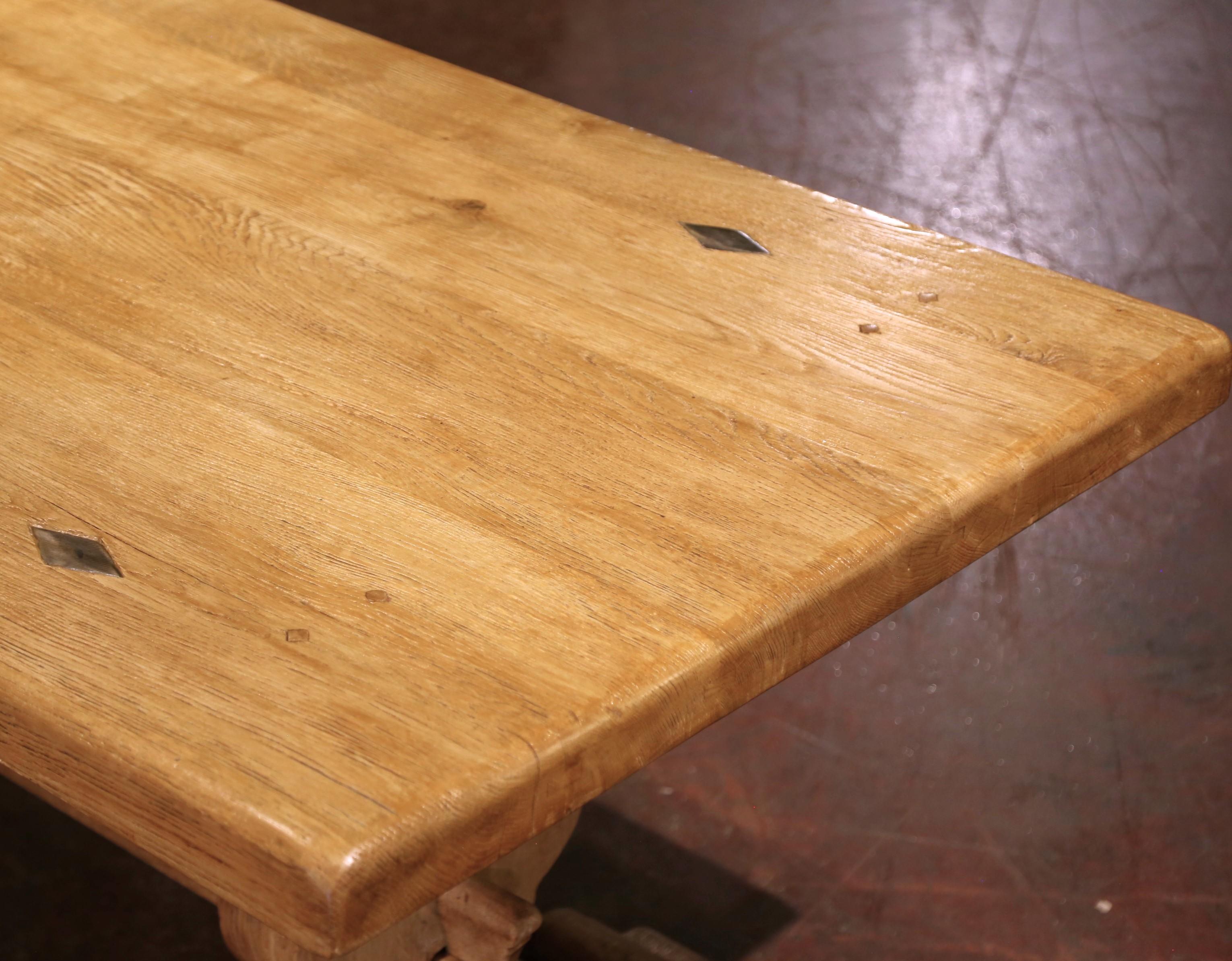 Early 20th C. French Louis XIII Carved Bleached Oak Refectory Farm Dining Table For Sale 8