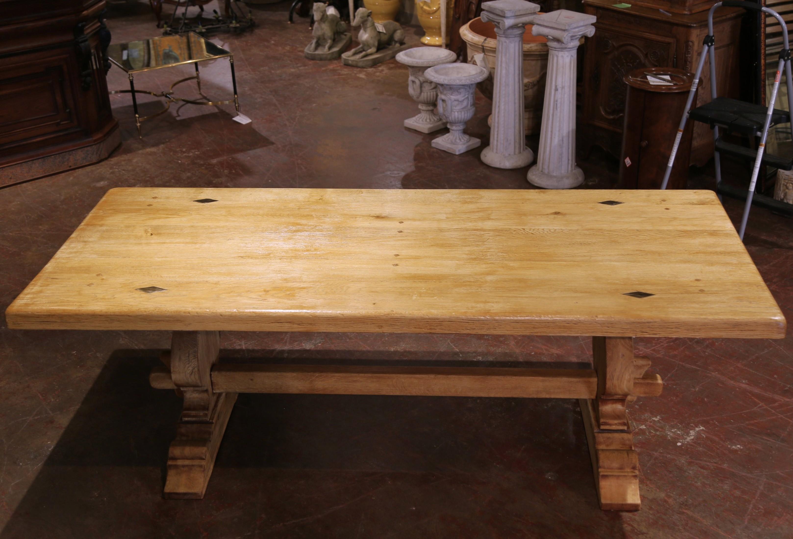 Early 20th C. French Louis XIII Carved Bleached Oak Refectory Farm Dining Table In Excellent Condition For Sale In Dallas, TX