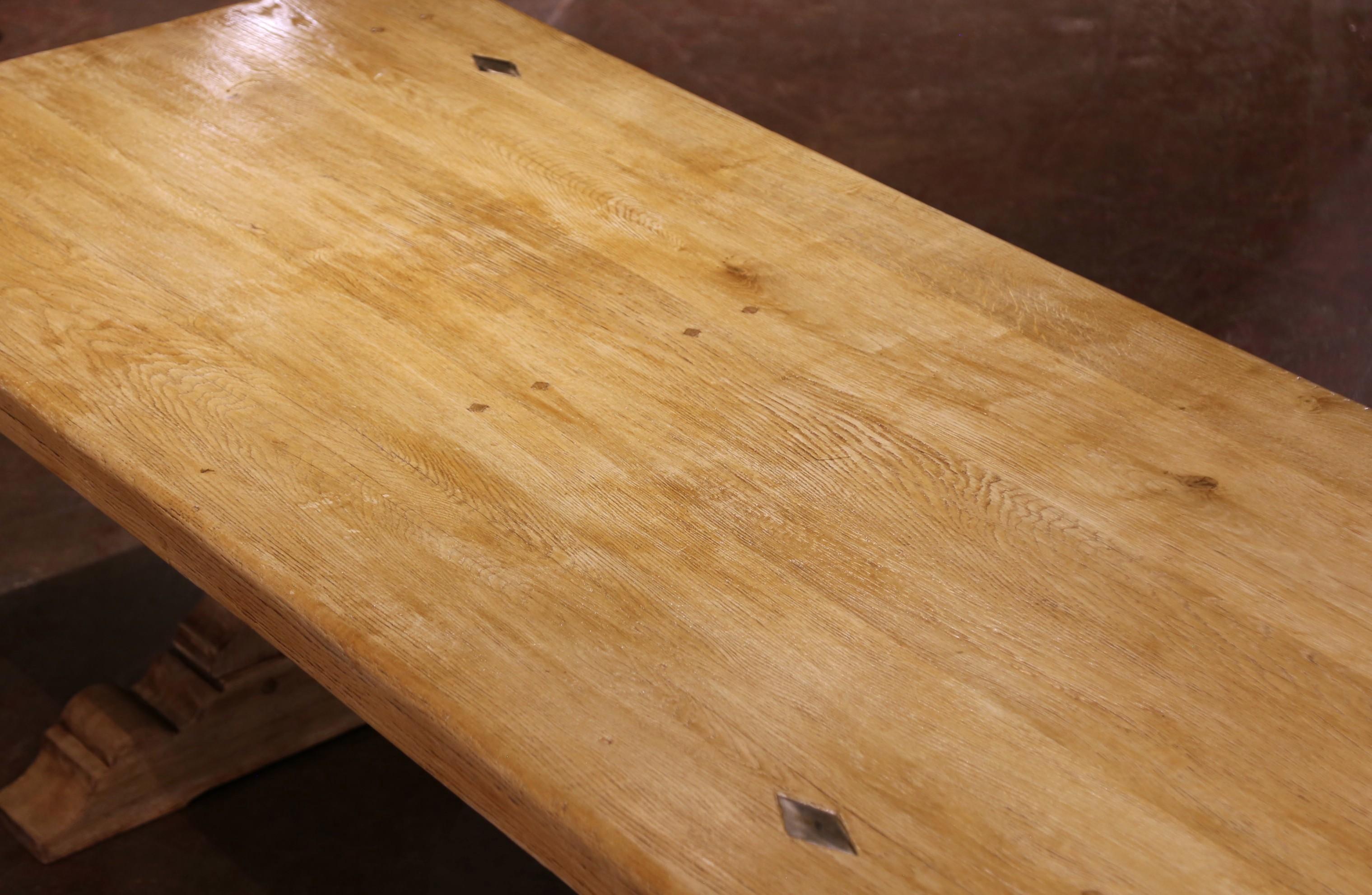 20th Century Early 20th C. French Louis XIII Carved Bleached Oak Refectory Farm Dining Table For Sale