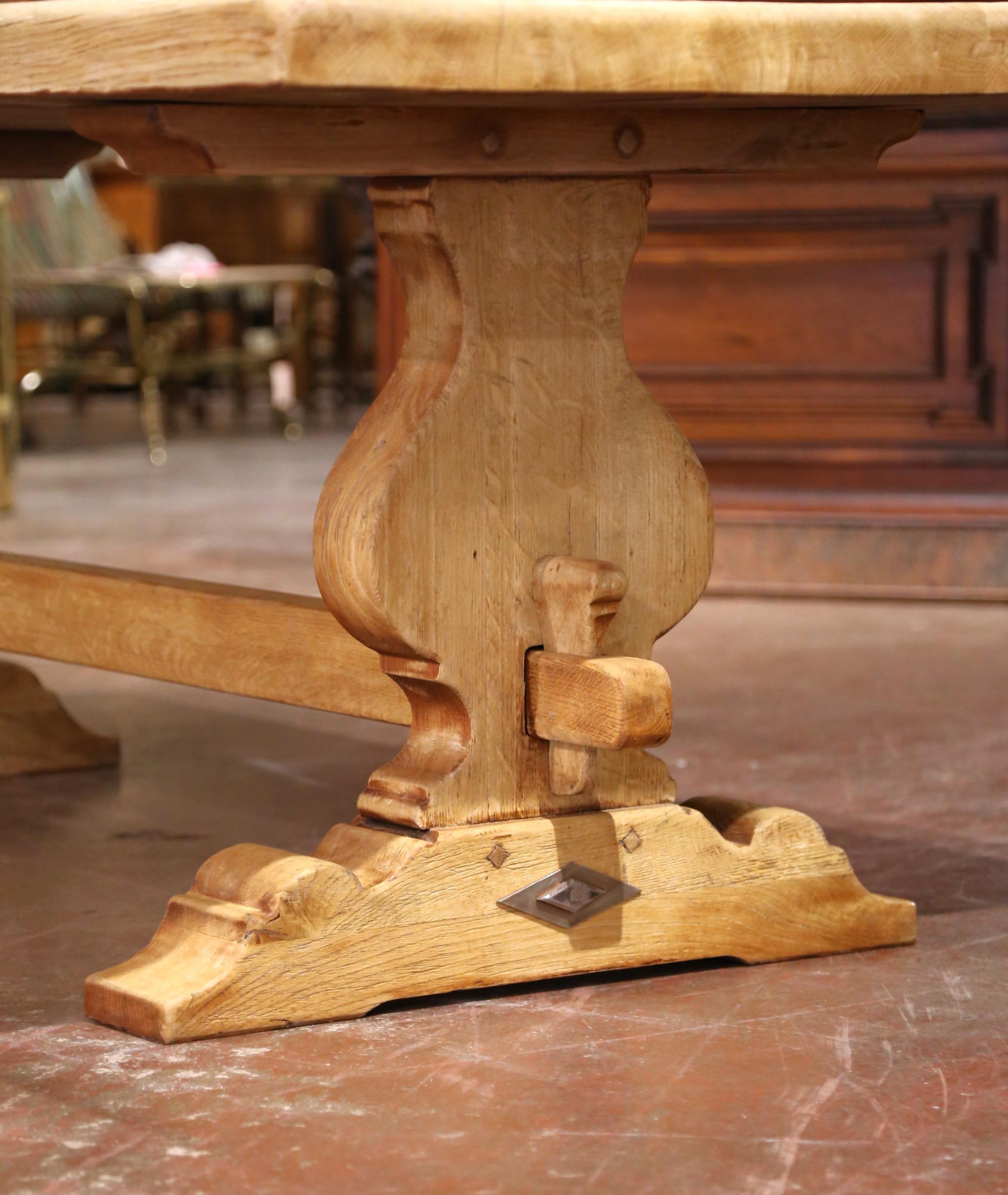 Early 20th C. French Louis XIII Carved Bleached Oak Refectory Farm Dining Table For Sale 1