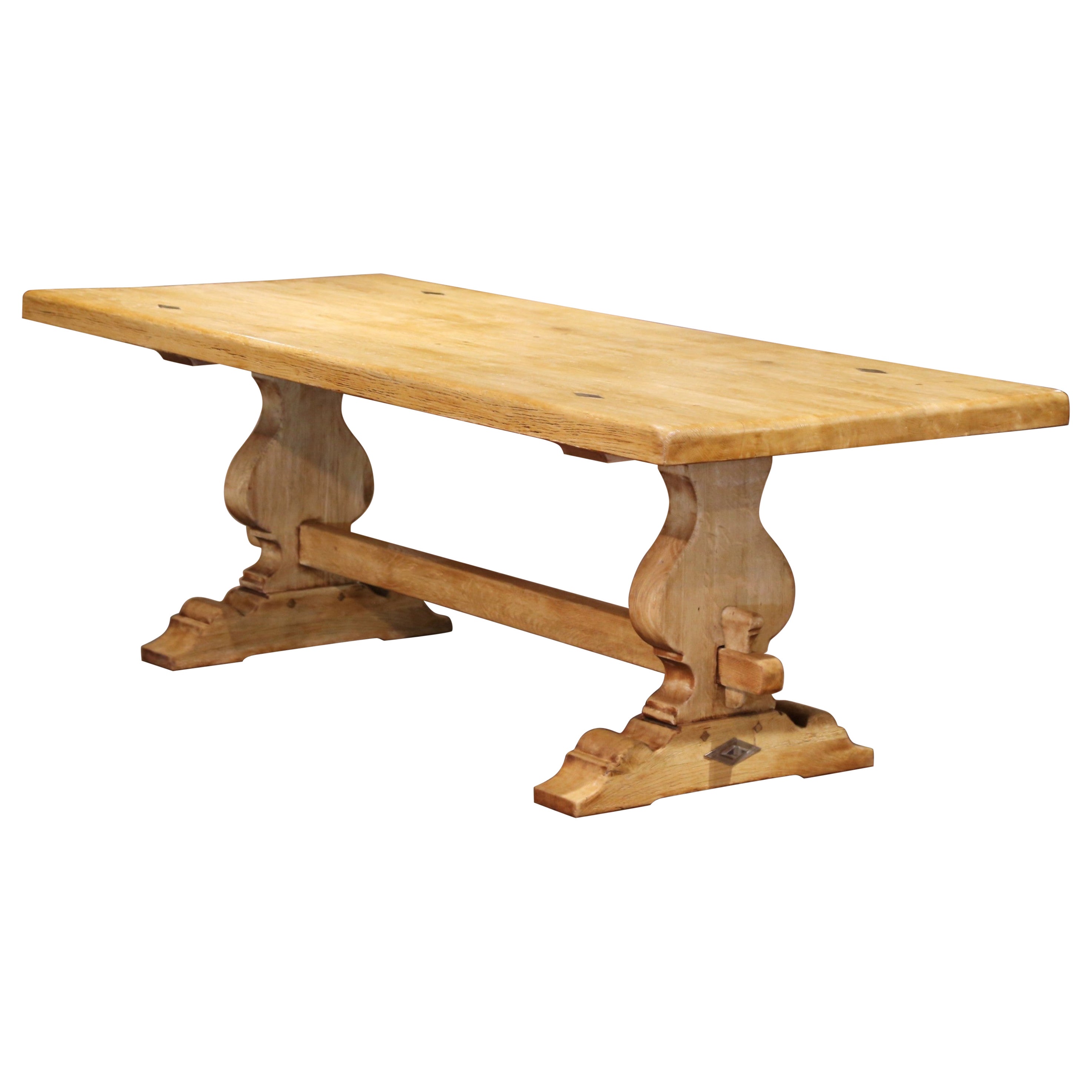 Early 20th C. French Louis XIII Carved Bleached Oak Refectory Farm Dining Table For Sale