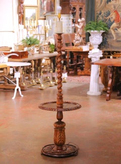 Early 20th C French Louis XIII Walnut Barley Twist Floor Lamp with Table