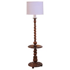Early 20th C French Louis XIII Walnut Barley Twist Floor Lamp with Table