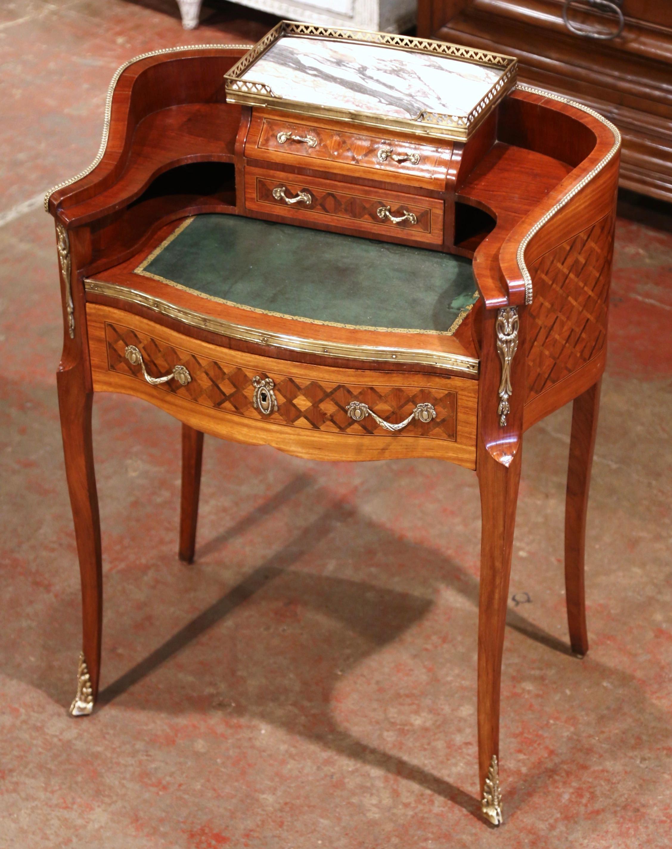 Hand-Carved Early 20th C French Louis XV Carved Marquetry Walnut and Marble Lady Table Desk