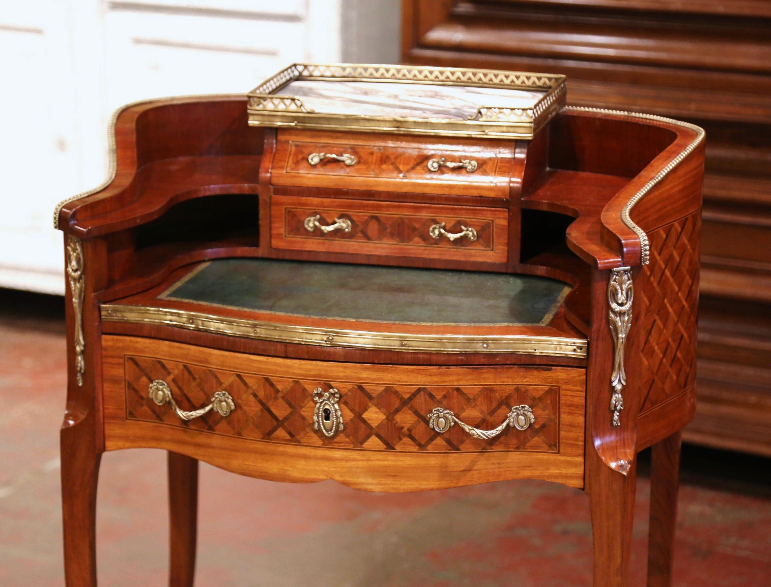 Early 20th C French Louis XV Carved Marquetry Walnut and Marble Lady Table Desk In Excellent Condition In Dallas, TX