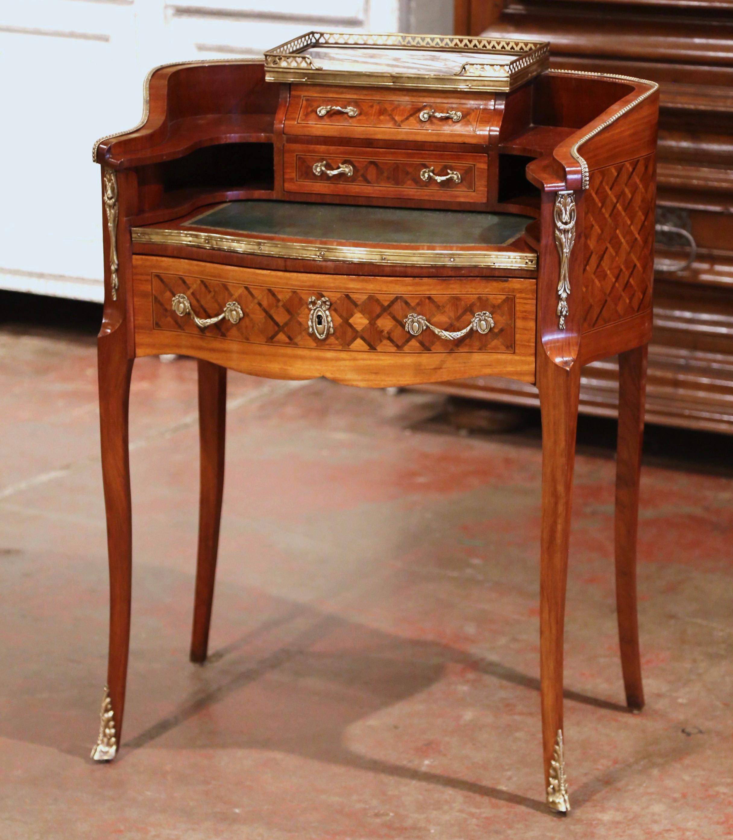20th Century Early 20th C French Louis XV Carved Marquetry Walnut and Marble Lady Table Desk