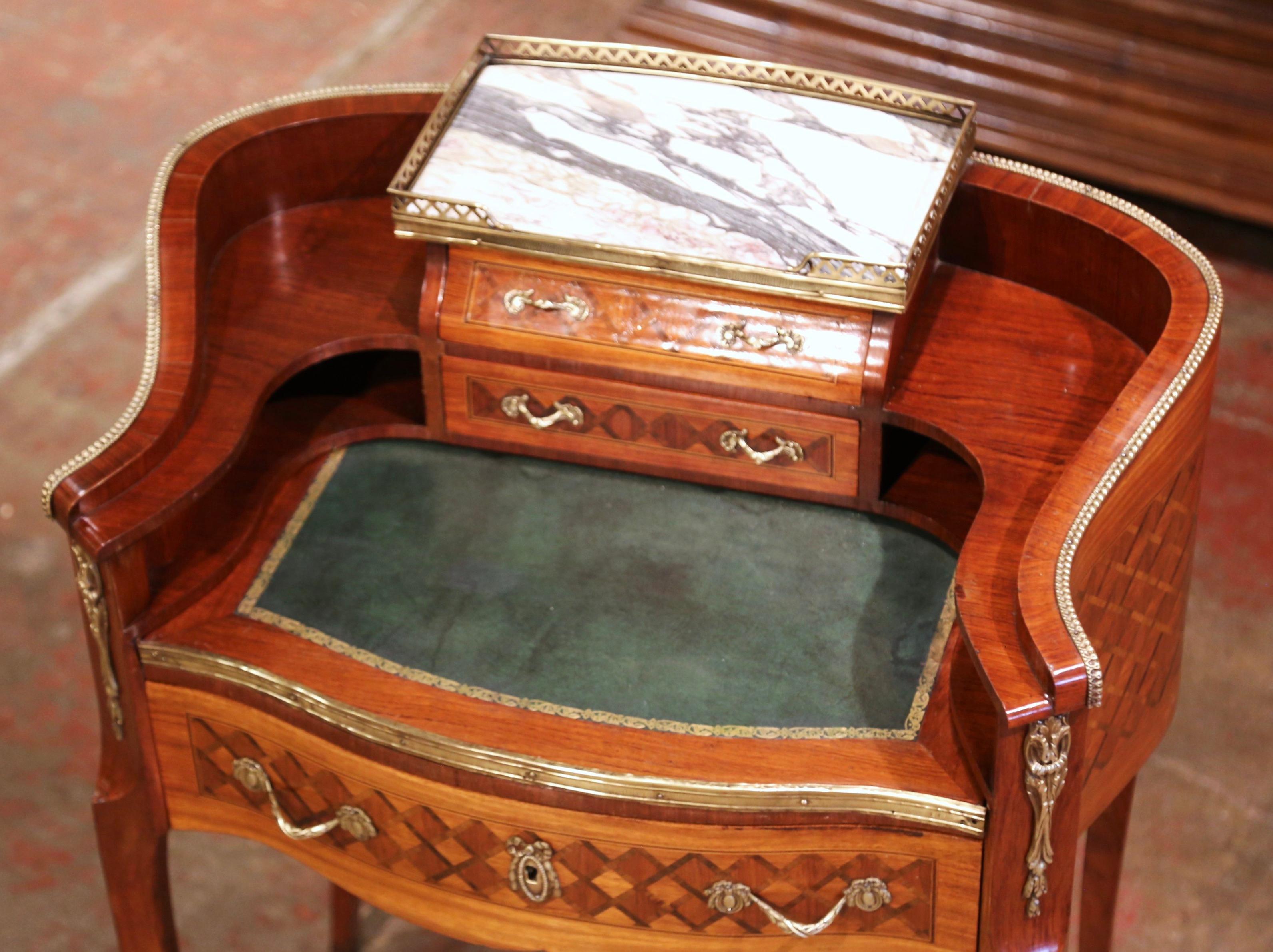 Brass Early 20th C French Louis XV Carved Marquetry Walnut and Marble Lady Table Desk