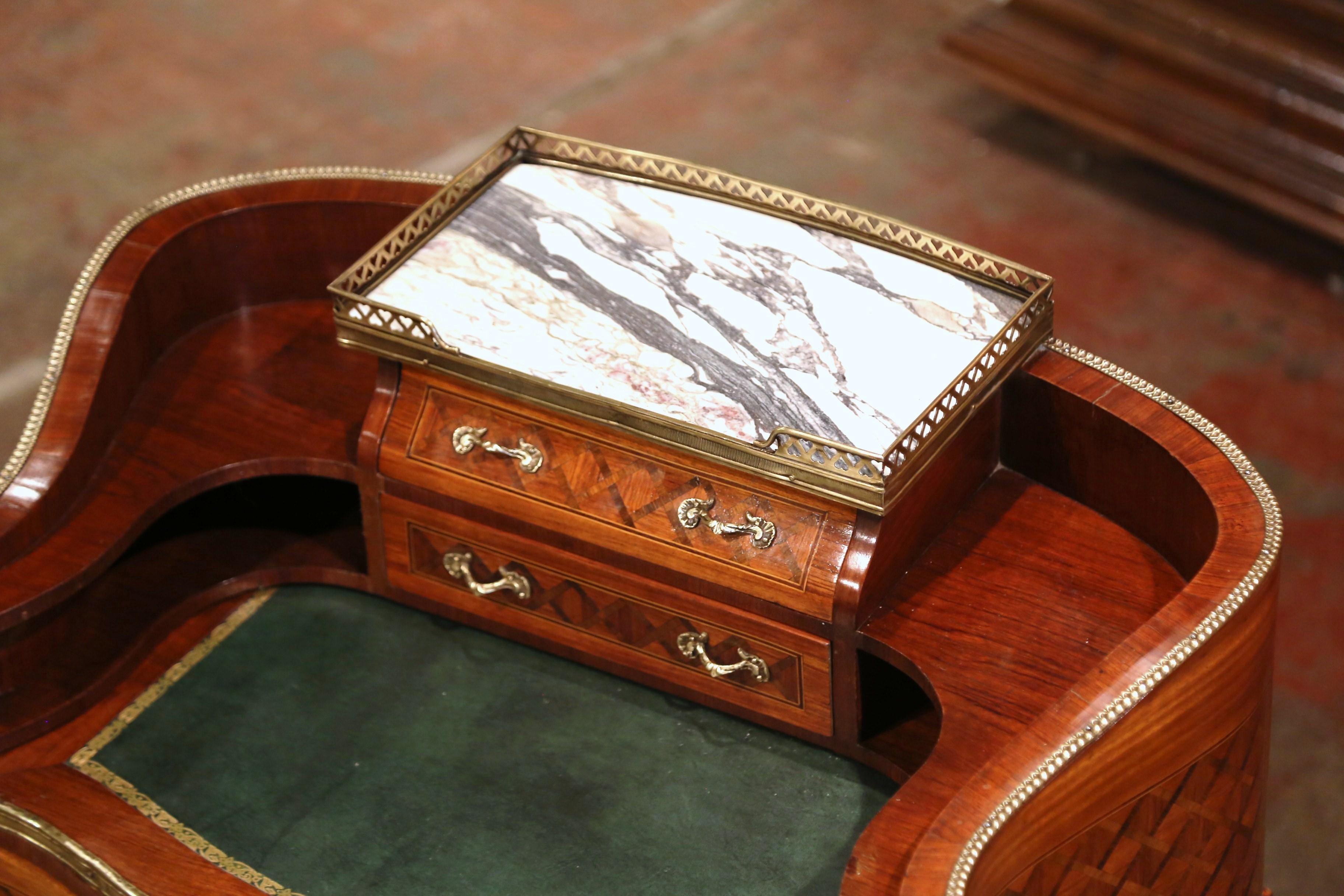 Early 20th C French Louis XV Carved Marquetry Walnut and Marble Lady Table Desk 1