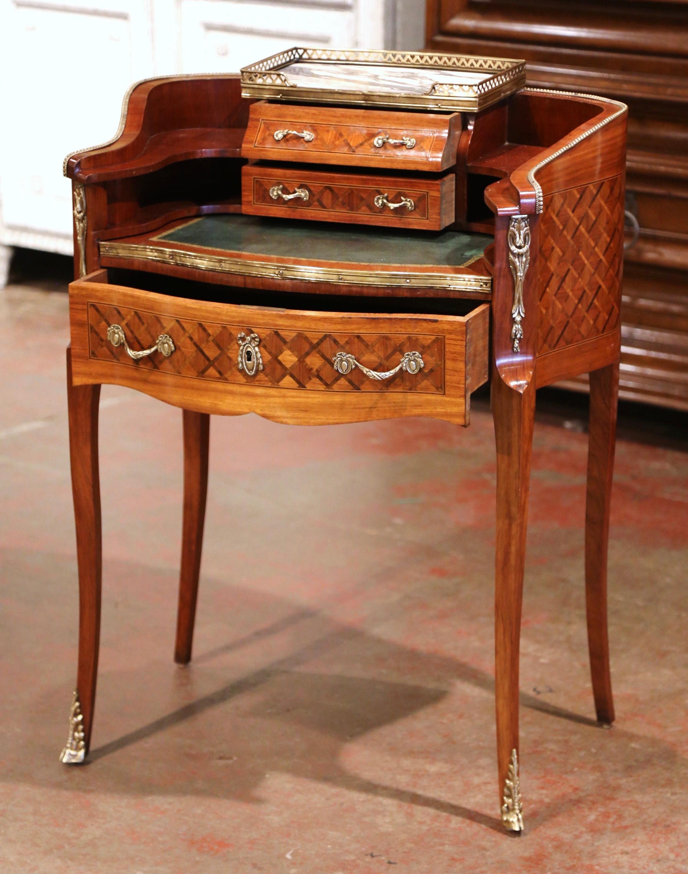 Early 20th C French Louis XV Carved Marquetry Walnut and Marble Lady Table Desk 3