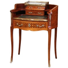 Early 20th C French Louis XV Carved Marquetry Walnut and Marble Lady Table Desk