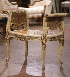 Early 20th C. French Louis XV Carved Piano Bench with Cane and Gilt Accents