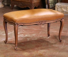 Early 20th C. French Louis XV Carved Walnut Bench with Leather Seat