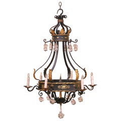 Early 20th C. French Louis XV Iron Chandelier with Gilt and Crystal Pendants